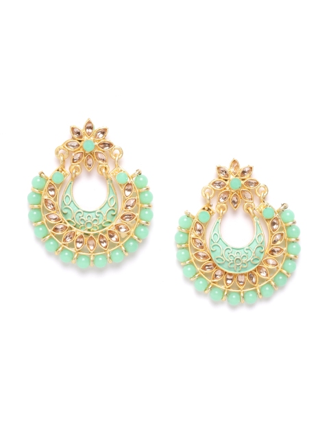 

damani Sea Green Gold Plated Stone Studded & Beaded Crescent Shaped Chandbalis