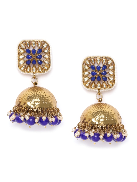 

damani Blue Antique Gold-Plated Stone-Studded Textured Dome Shaped Jhumkas