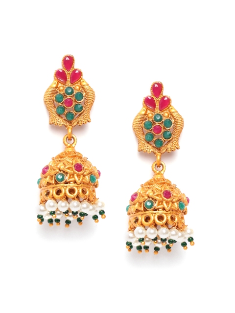 

damani Green & Red Gold-Plated Stone-Studded Textured Dome Shaped Jhumkas