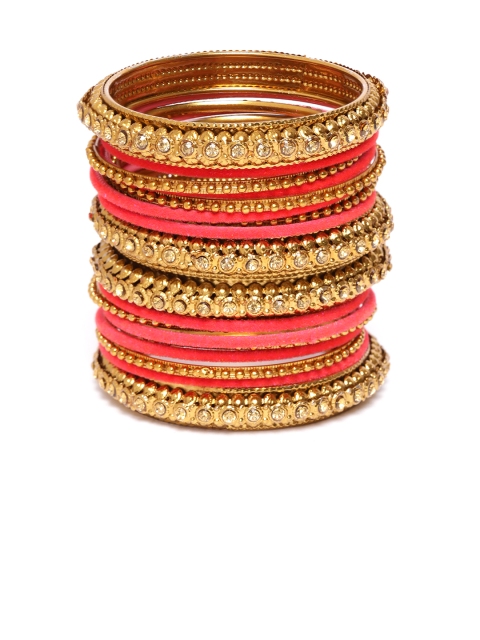 

damani Set of 18 Coral Red & Gold-Toned Stone-Studded Bangles