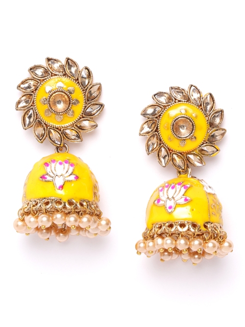 

damani Mustard Yellow Gold Plated Stone Studded & Beaded Dome Shaped Jhumkas
