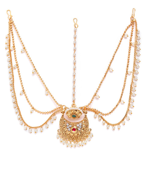 

damani White Antique Gold-Plated Stone-Studded & Beaded Multistranded Matha Patti