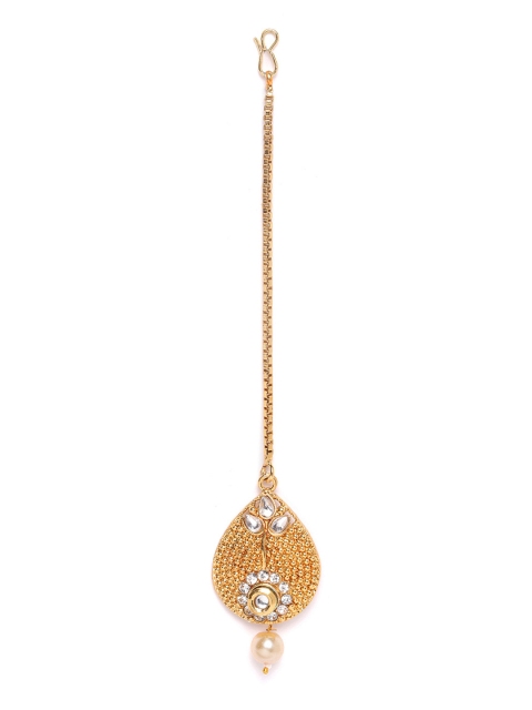 

damani Gold-Plated Stone-Studded & Beaded Teardrop Shaped Textured Maang Tika