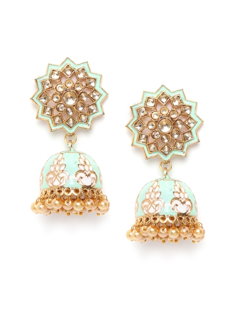 

damani Mint Green Antique Gold-Plated Stone-Studded Enamelled Dome Shaped Jhumkas