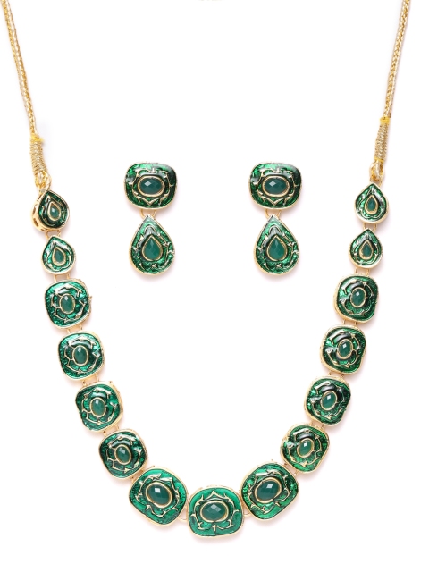 

damani Green Gold-Plated Stone-Studded Enamelled Polki Jewellery Set