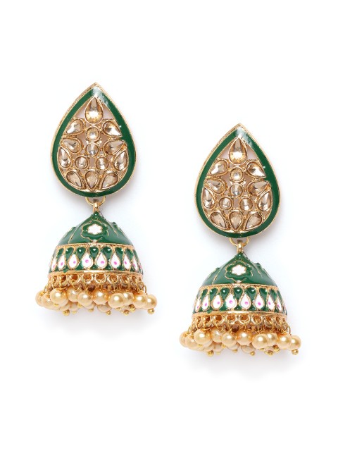 

damani Green & White Antique Gold-Plated Stone-Studded Enamelled Dome Shaped Jhumkas