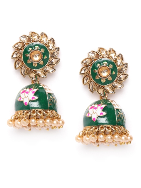 

damani Green & White Antique Gold-Plated Stone-Studded Enamelled Dome Shaped Jhumkas