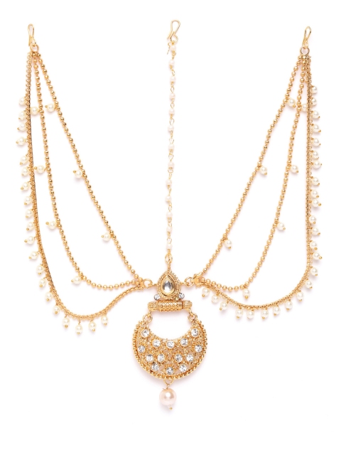 

damani White Gold-Plated Polki Stone-Studded & Beaded Layered Matha Patti