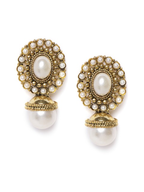 

damani White Antique Gold-Plated Beaded Oval Drop Earrings