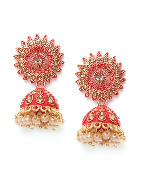 

damani Red & Off-White Gold-Plated Stone-Studded Enamelled Dome Shaped Jhumkas