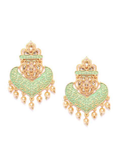 

damani Green Gold-Plated Stone Studded & Beaded Contemporary Drop Earrings