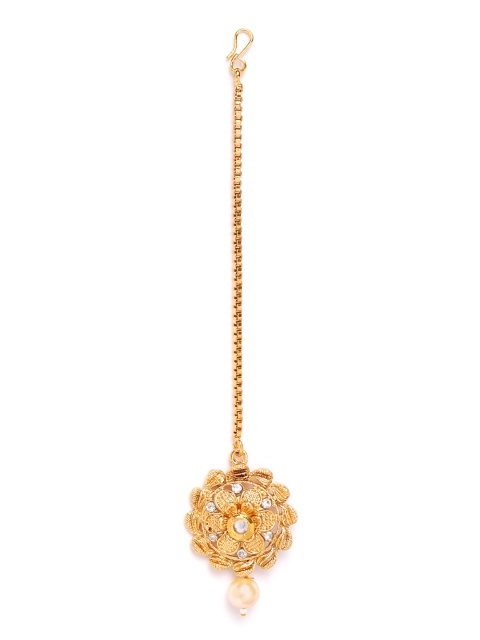 

damani Gold-Plated Stone-Studded & Beaded Floral Textured Maang Tika