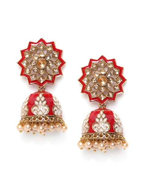 

damani Red & Off-White Antique Gold-Plated Stone-Studded Enamelled Dome Shaped Jhumkas