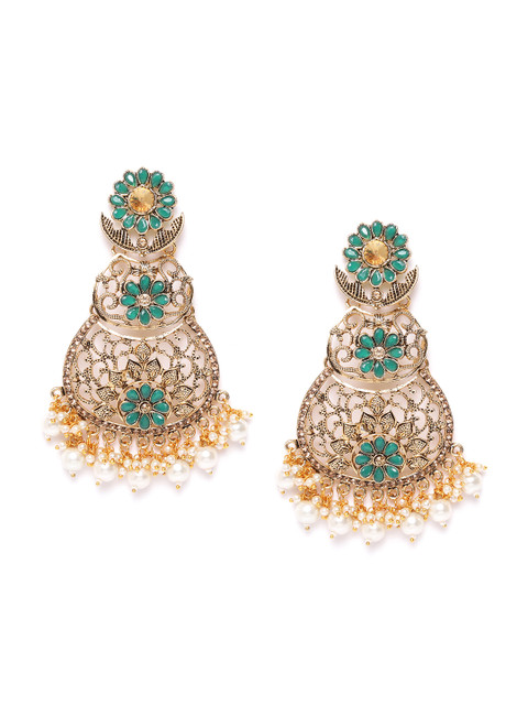

damani Green & White Gold-Plated Stone Studded & Beaded Contemporary Drop Earrings