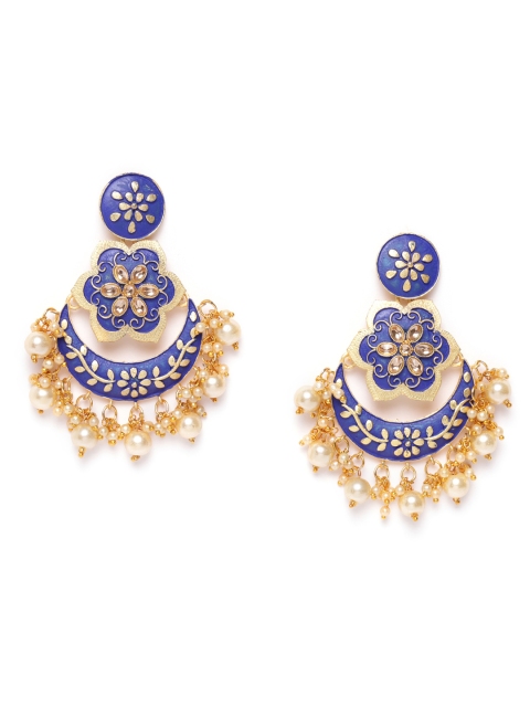 

damani Blue Gold-Plated Stone-Studded & Beaded Enamelled Crescent Shaped Chandbalis