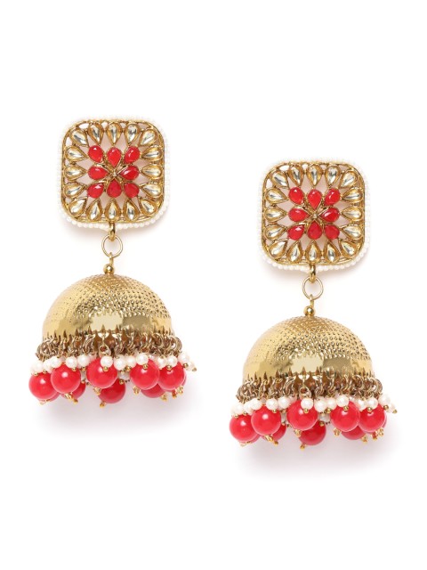 

damani Red & White Gold-Plated Stone Studded & Beaded Dome Shaped Jhumkas