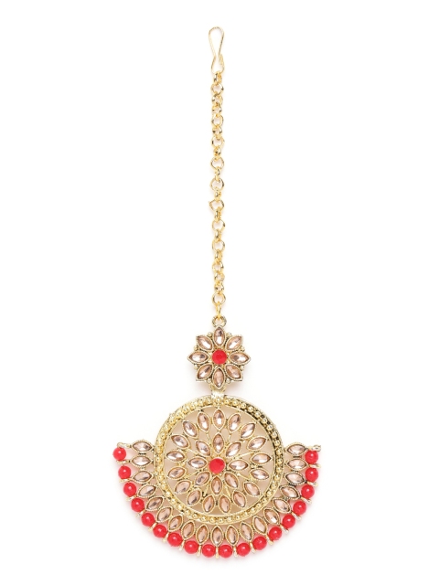 

damani Red Gold-Plated Polki Stone-Studded & Beaded Maang Tika