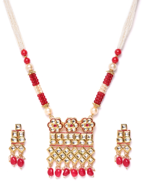 

damani Red & Off-White Gold-Plated Kundan Studded & Beaded Jewellery Set