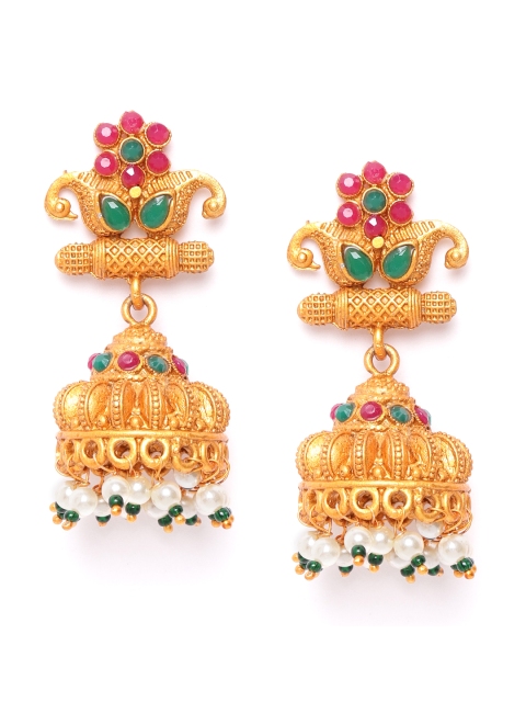

damani Green & Pink Gold-Plated Stone Studded & Beaded Dome Shaped Jhumkas
