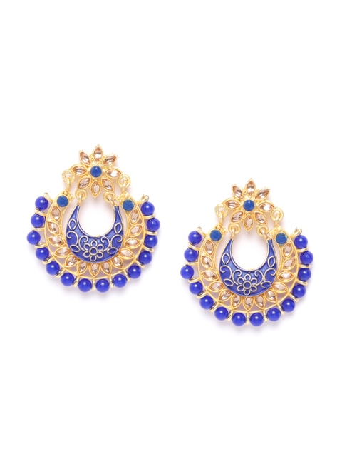 

damani Blue Gold-Plated Stone Studded & Beaded Crescent Shaped Chandbalis