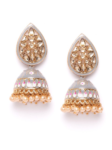 

damani Grey & White Gold-Plated Stone Studded & Beaded Dome Shaped Jhumkas