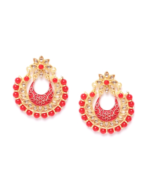 

damani Red Gold-Plated Stone Studded & Beaded Crescent Shaped Chandbalis