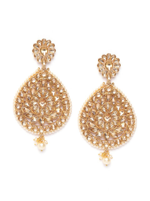

damani Off-White Gold-Plated Stone Studded & Beaded Contemporary Drop Earrings