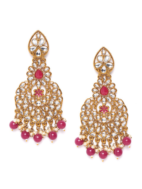 

damani Pink Gold-Plated Stone Studded & Beaded Crescent Shaped Chandbalis, Silver