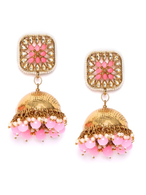 

damani Pink & White Gold-Plated Stone-Studded & Beaded Dome Shaped Jhumkas