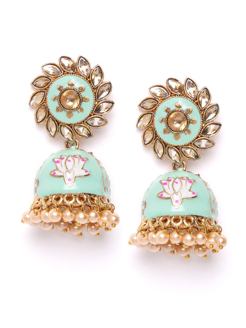 

damani Sea Green & White Gold-Plated Stone Studded & Beaded Dome Shaped Jhumkas