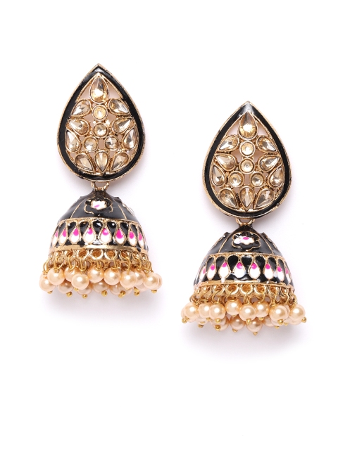 

damani Black & White Gold-Plated Stone Studded & Beaded Dome Shaped Jhumkas