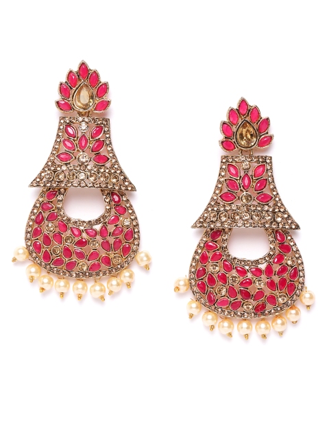 

damani Pink & Cream Coloured Gold-Plated Stone-Studded & Beaded Contemporary Drop Earrings