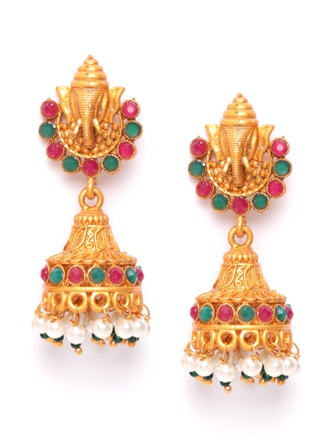 

damani Green & Pink Gold-Plated Stone Studded & Beaded Dome Shaped Jhumkas