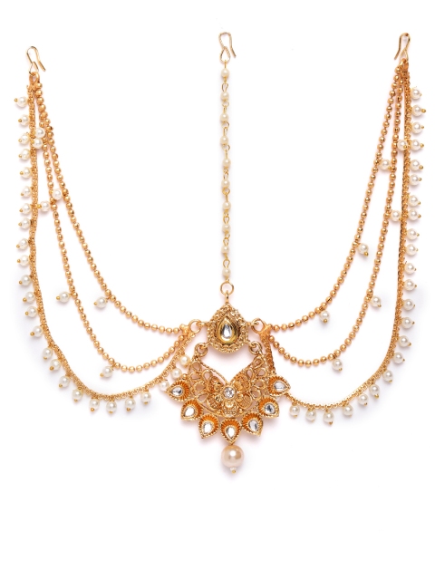 

damani Off-White Gold-Plated Polki Stone-Studded & Beaded Layered Matha Patti