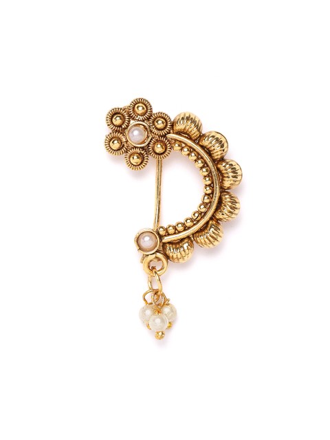 

damani Off-White Gold-Plated Stone-Studded Beaded Polki Clip-On Nosepin