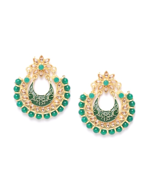 

damani Green Gold-Plated Stone Studded & Beaded Crescent Shaped Chandbalis