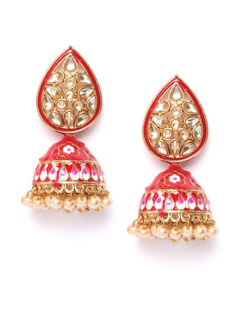 

damani Red & White Gold-Plated Stone-Studded & Beaded Dome Shaped Jhumkas