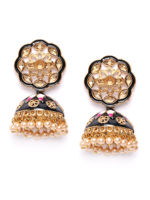 

damani Black & White Gold-Plated Stone Studded & Beaded Dome Shaped Jhumkas