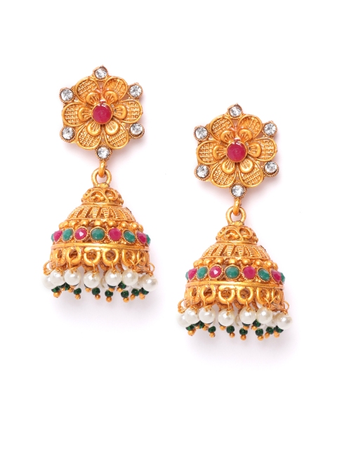 

damani Red & Green Gold-Plated Stone-Studded & Beaded Dome Shaped Jhumkas