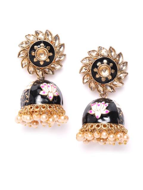 

damani Black & White Gold-Plated Stone Studded & Beaded Dome Shaped Jhumkas