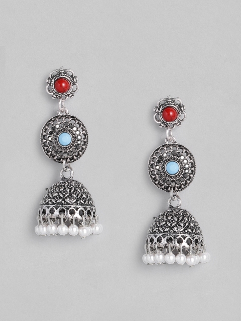 

Anouk Red & Blue Oxidized Silver-Plated Studded Dome Shaped Jhumkas