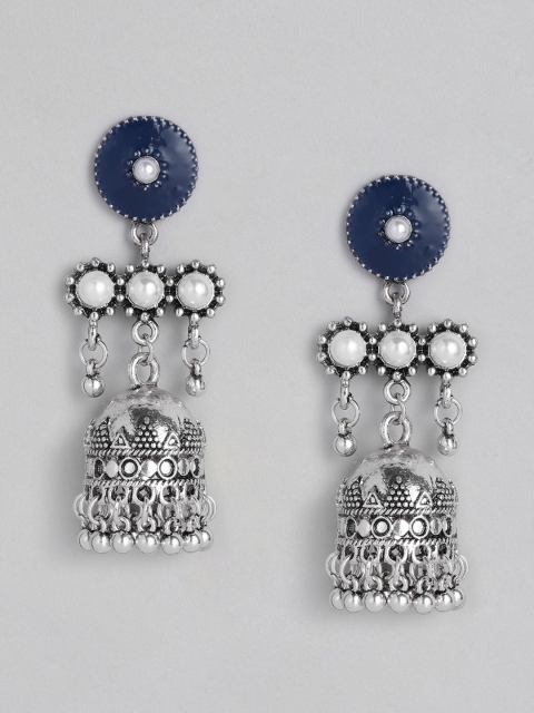 

Anouk Silver-Toned & Navy Blue Enamelled Dome Shaped Jhumkas