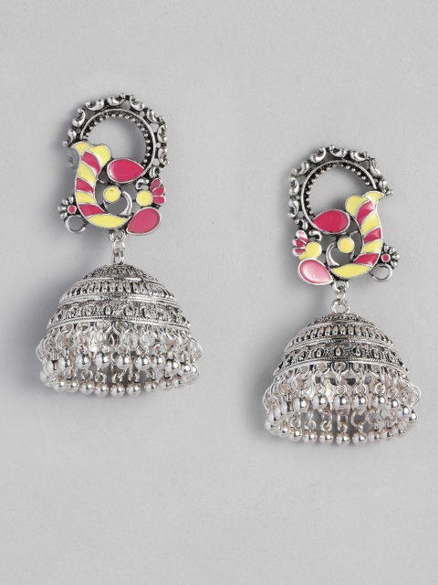 

Anouk Yellow & Pink Oxidized Silver-Plated Enamelled Dome Shaped Jhumkas