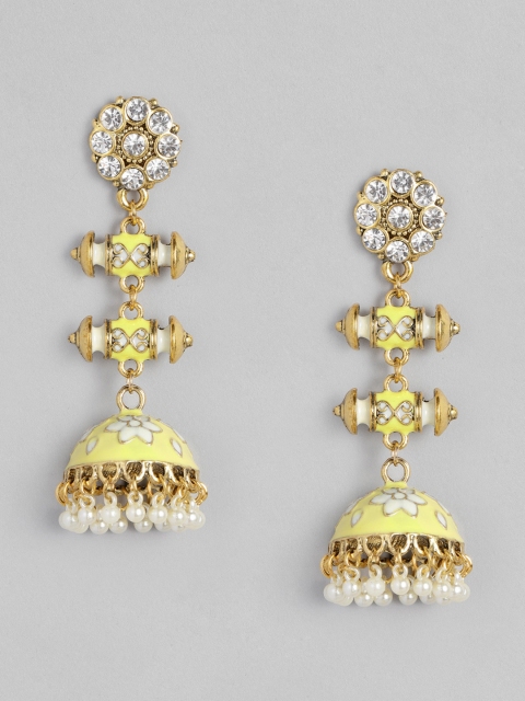 

Anouk Yellow & Gold-Toned Enamelled Dome Shaped Jhumkas