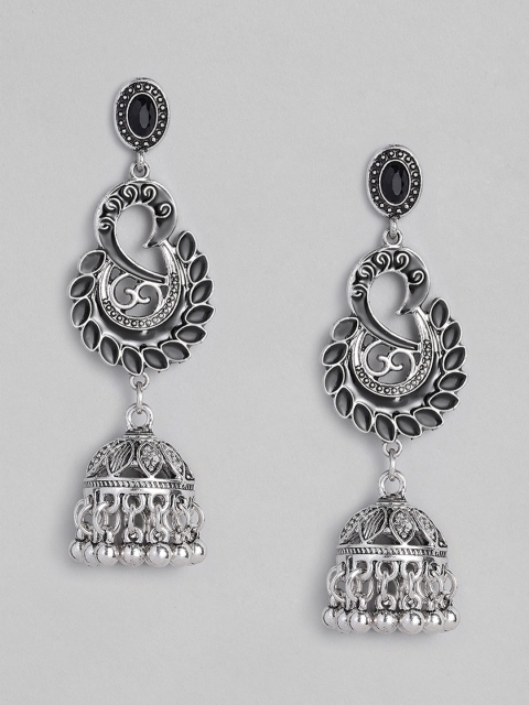

Anouk Black Oxidized Silver-Plated Enamelled Studded Dome Shaped Jhumkas