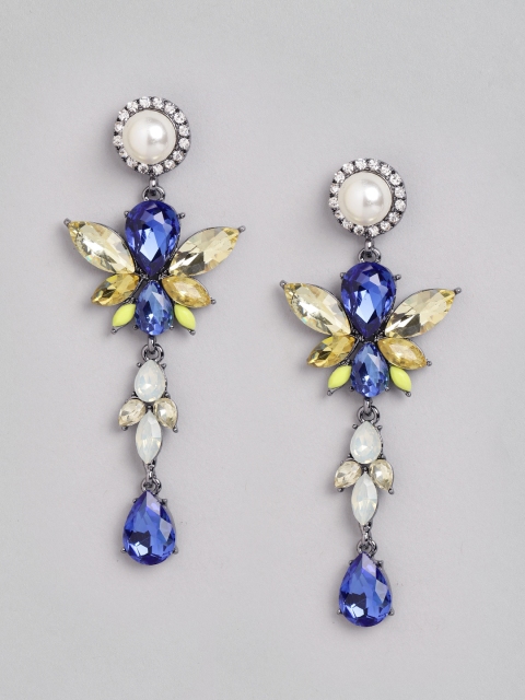 

DressBerry Blue & Yellow Silver-Plated Studded Teardrop Shaped Drop Earrings