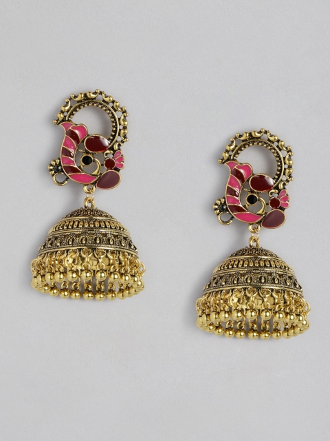 

Anouk Gold-Toned & Maroon Enamelled Antique Dome Shaped Jhumkas
