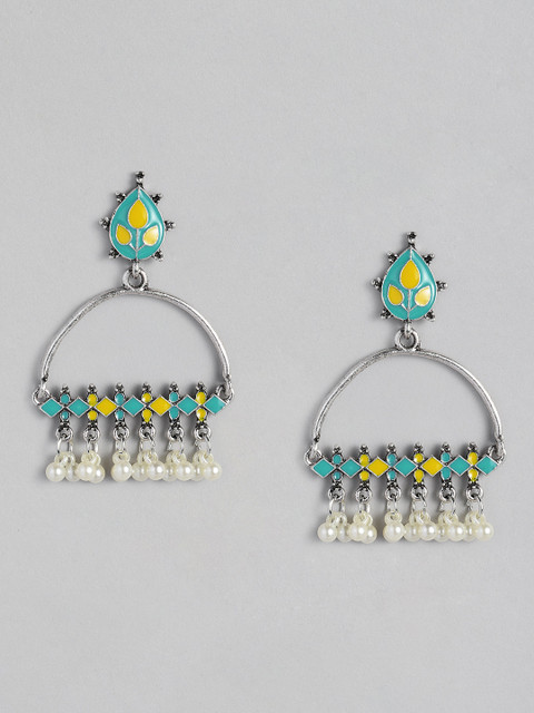 

Anouk Green & Yellow Oxidized Silver-Plated Enamelled Classic Drop Earrings