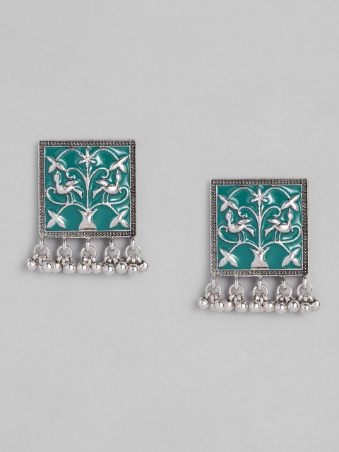 

Anouk Green Oxidized Silver-Plated Enamelled Square Drop Earrings