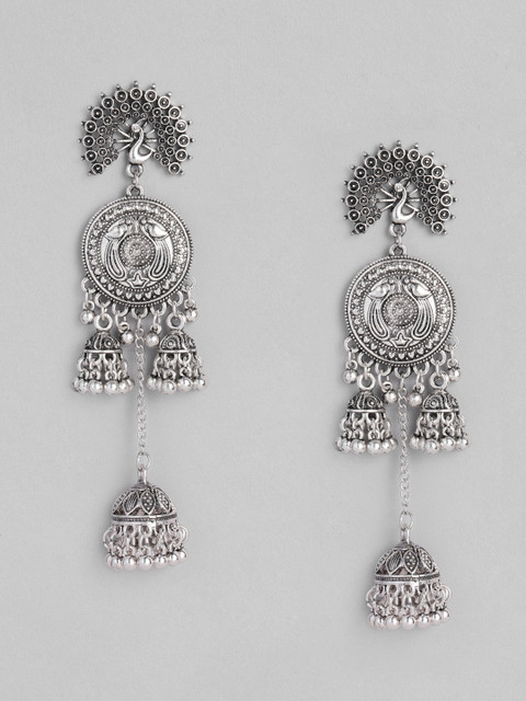 

Anouk Oxidized Silver-Plated Peacock Shaped Jhumkas